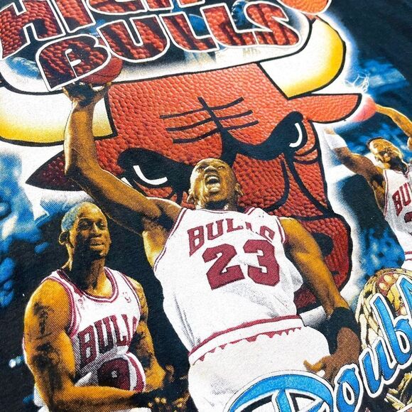 Vtg 90s Chicago Bulls 3 Peat World Champs AOP Shirt, Jordan Rodman, Rap Tee, XL - Picture 5 of 12